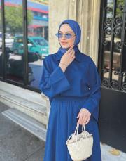 keten kumaş etekli takım petrol mavisi