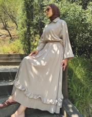 keten kumaş etekli takım bej