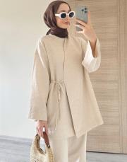 yan bağlamalı kimono takım bej