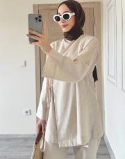 yan bağlamalı kimono takım bej 2