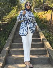 desenli keten kimono lacivert