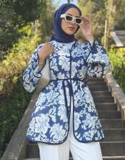 desenli keten kimono lacivert 2