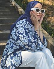 desenli keten kimono lacivert 3