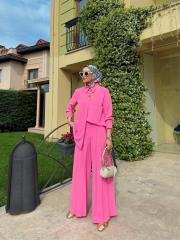 pile detaylı pantolonlu takım pembe