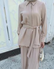 pile detaylı pantolonlu takım bej 3