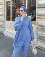 pilise detaylı pantolon takım mavi