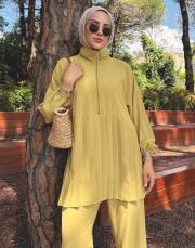 pilise detaylı pantolon takım yağ yeşili 2