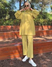 pilise detaylı pantolon takım yağ yeşili 4