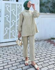 biye detaylı keten takım soft yeşil