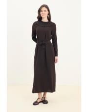 guest dantel yakalı keten elbise acı kahve