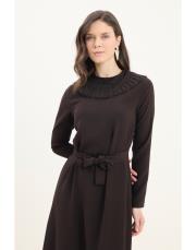 guest dantel yakalı keten elbise acı kahve 2