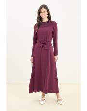 guest dantel yakalı keten elbise mürdüm