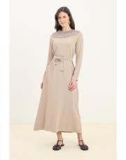 guest dantel yakalı keten elbise bej