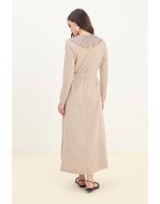 guest dantel yakalı keten elbise bej 4