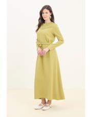 guest dantel yakalı keten elbise yağ yeşili