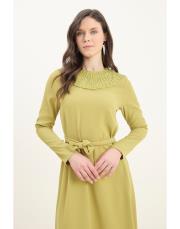 guest dantel yakalı keten elbise yağ yeşili 3