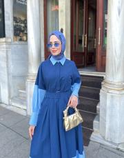 kemerli renk bloklu elbise lacivert