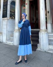 kemerli renk bloklu elbise lacivert 2