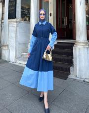 kemerli renk bloklu elbise lacivert 3