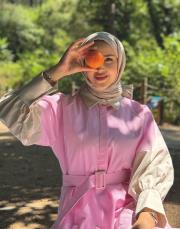 kemerli renk bloklu elbise pembe