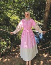 kemerli renk bloklu elbise pembe 2