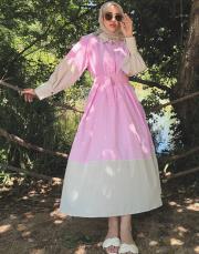 kemerli renk bloklu elbise pembe 3