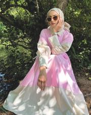 kemerli renk bloklu elbise pembe 4