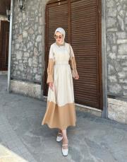 kemerli renk bloklu elbise bej