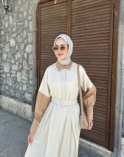 kemerli renk bloklu elbise bej 3
