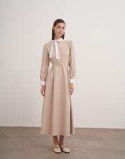 yakası bağlama detaylı elbise bej 2