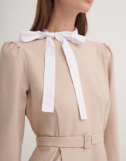 yakası bağlama detaylı elbise bej 3