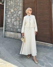 bağlama detaylı etekli takım bej 2