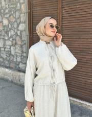 bağlama detaylı etekli takım bej 3