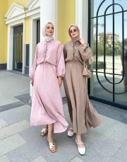 bağlama detaylı etekli takım vizon