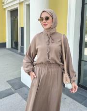 bağlama detaylı etekli takım vizon 4