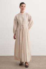 pile detaylı basic elbise bej