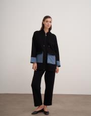 kapüşonlu denim detaylı takım siyah