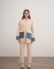 kapüşonlu denim detaylı takım bej