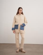 kapüşonlu denim detaylı takım bej 2