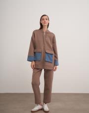 kapüşonlu denim detaylı takım vizon