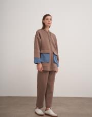 kapüşonlu denim detaylı takım vizon 2