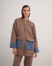 kapüşonlu denim detaylı takım vizon 3